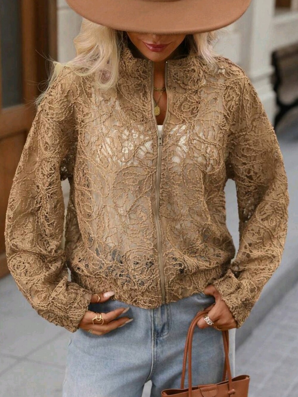 Women's Lace Overlay Zip-Up Jacket - Camel - Picture 5 of 9